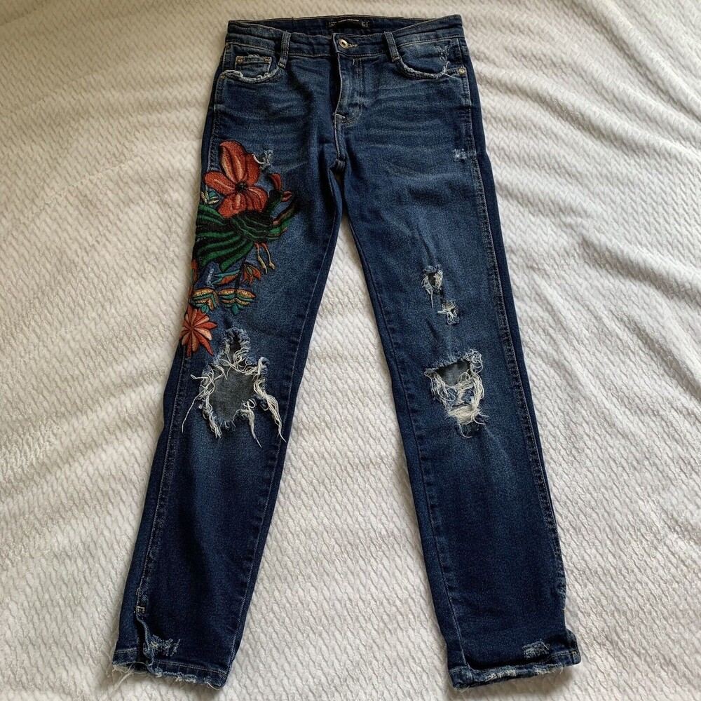Zara Trafaluc Size 2 Skinny Jeans Multicolor Boho Floral Embroidered Distressed